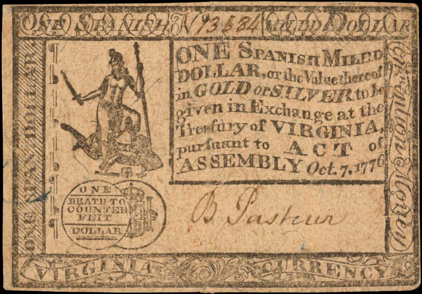 image for: VA-105. Virginia. 1776. $1. Very Fine.