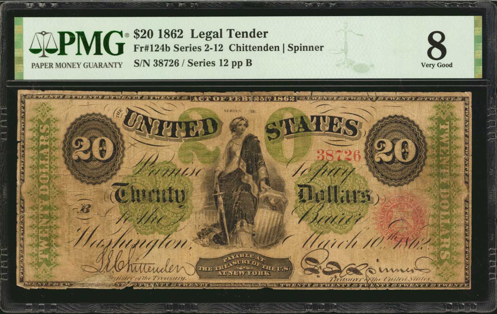 image for: Fr. 124b. 1862 $20 Legal Tender Note. PMG Very Good 8.