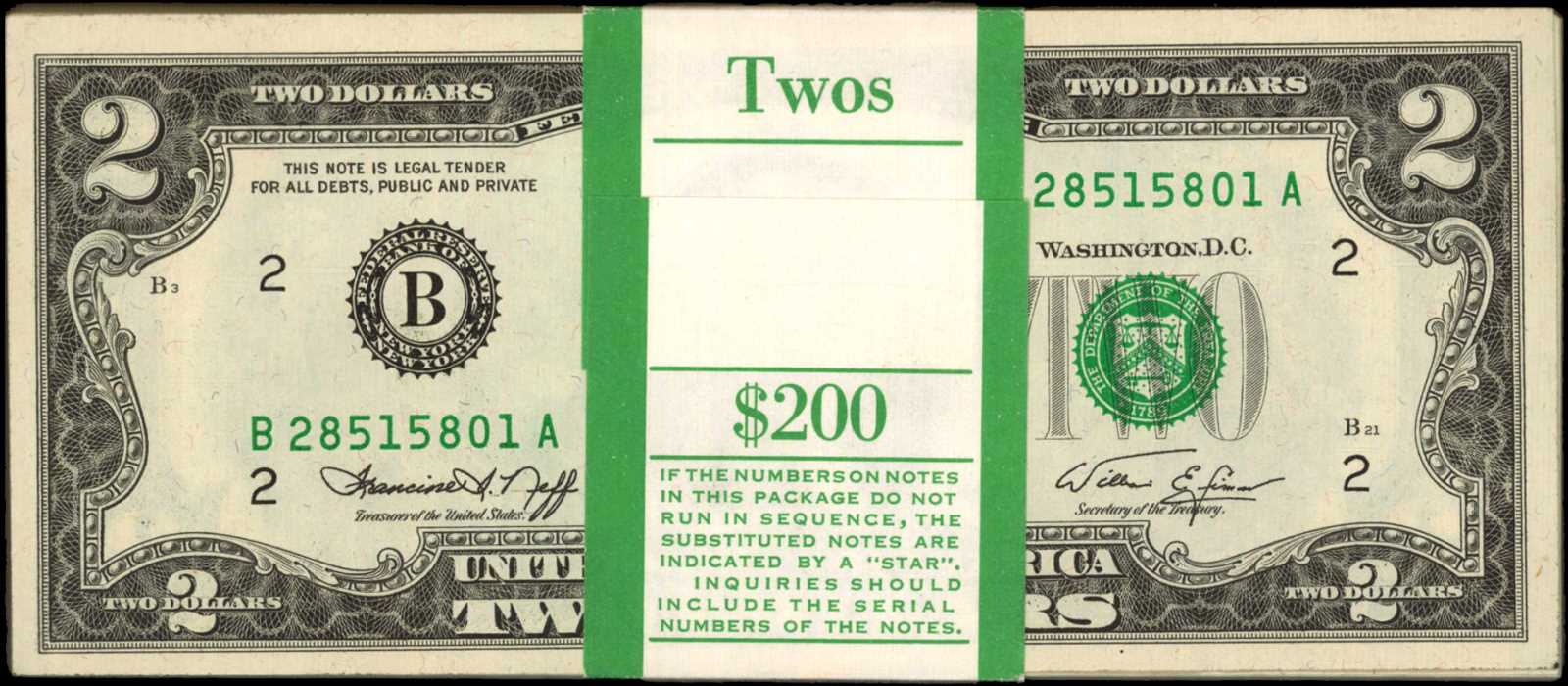 image for: Pack of (100) Fr. 1935-B. 1976 $2 Federal Reserve Note. New York. Choice Uncirculated.