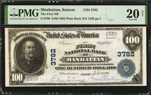 image for: Manhattan, Kansas. $100 1902 Plain Back. Fr. 700. The First NB. Charter #3782. PMG Very Fine 20 Net. Repaired, Signatures Added.