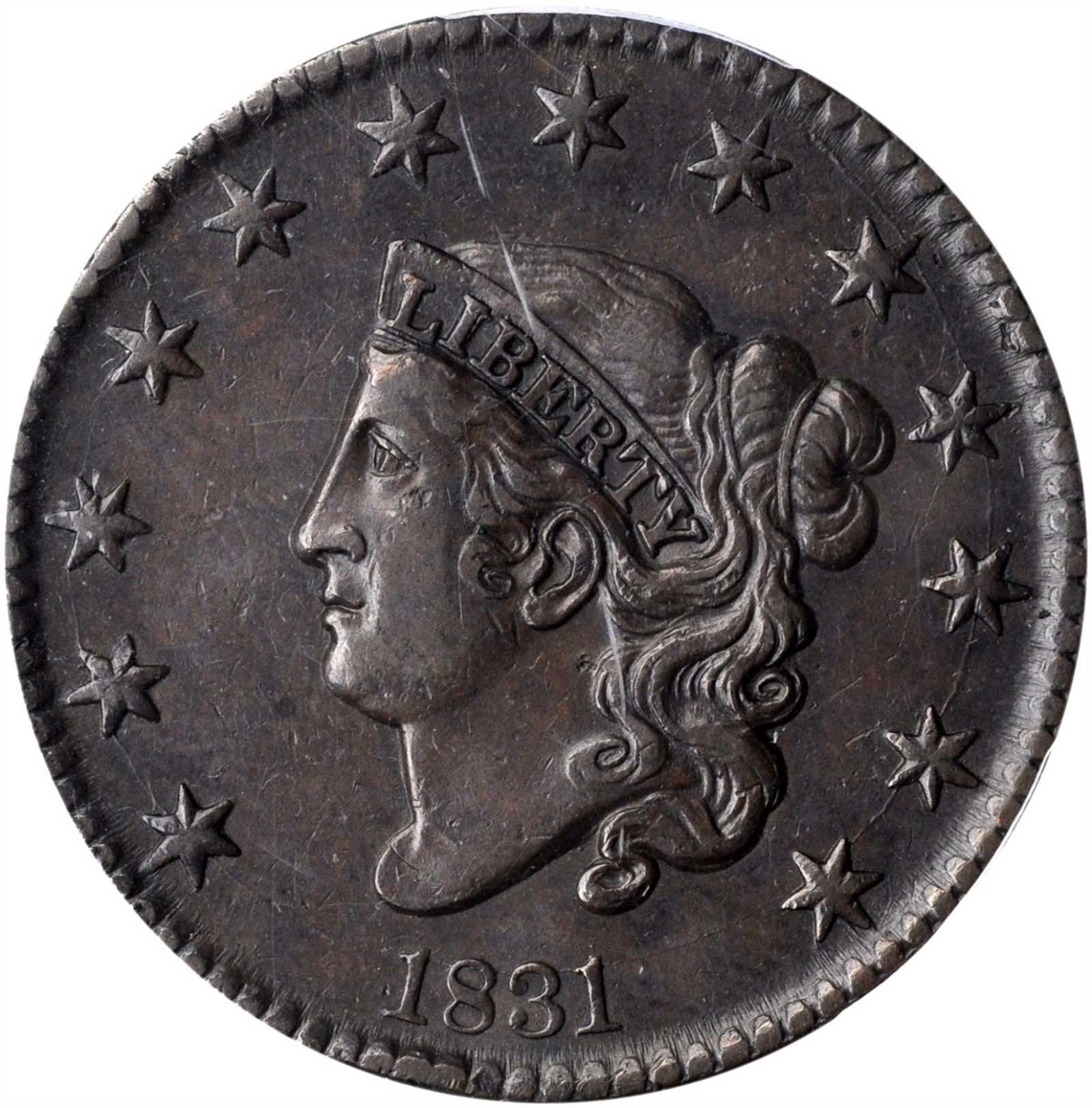 image for: 1831 Matron Head Cent. N-1. Rarity-1. Large Letters. EF-45 (PCGS).