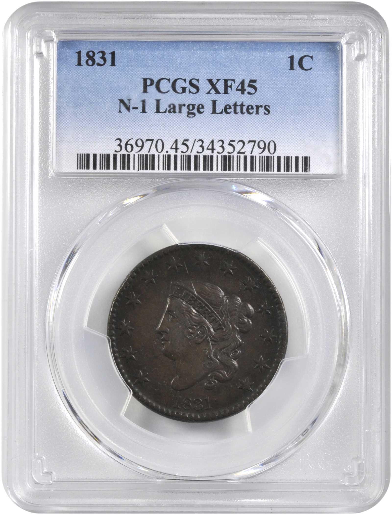 image for: 1831 Matron Head Cent. N-1. Rarity-1. Large Letters. EF-45 (PCGS).