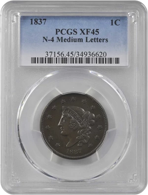 image for: 1837 Modified Matron Head Cent. N-4. Rarity-2. Plain Cords, Medium Letters. EF-45 (PCGS).