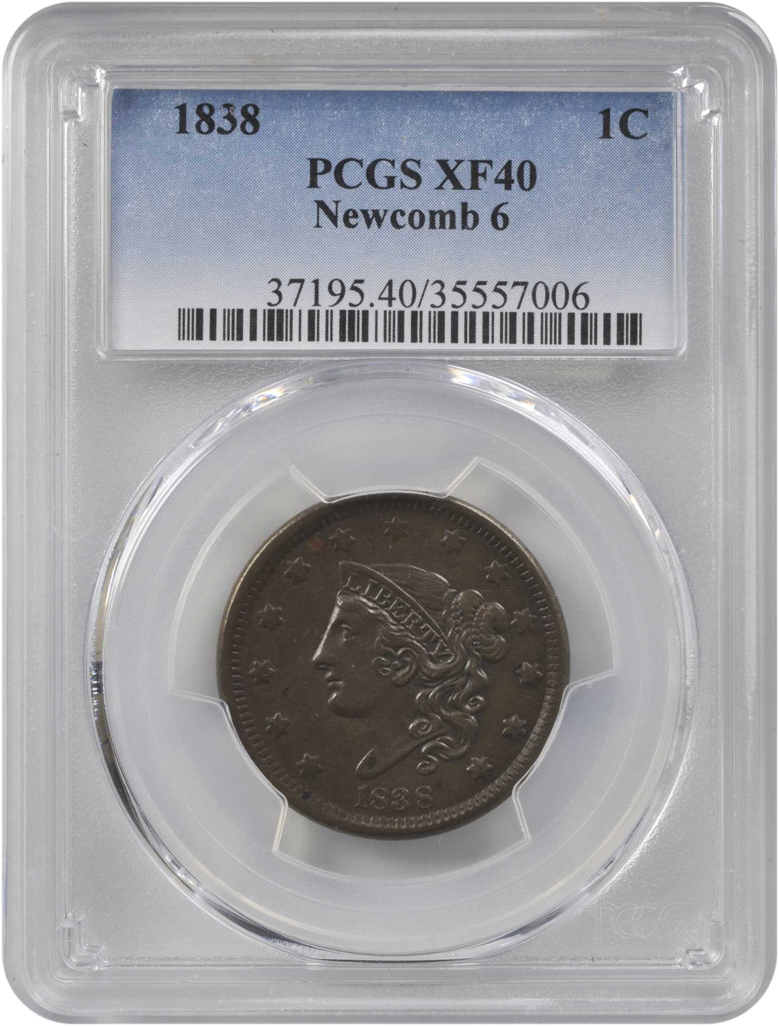image for: 1838 Modified Matron Head Cent. N-6. Rarity-1. EF-40 (PCGS).