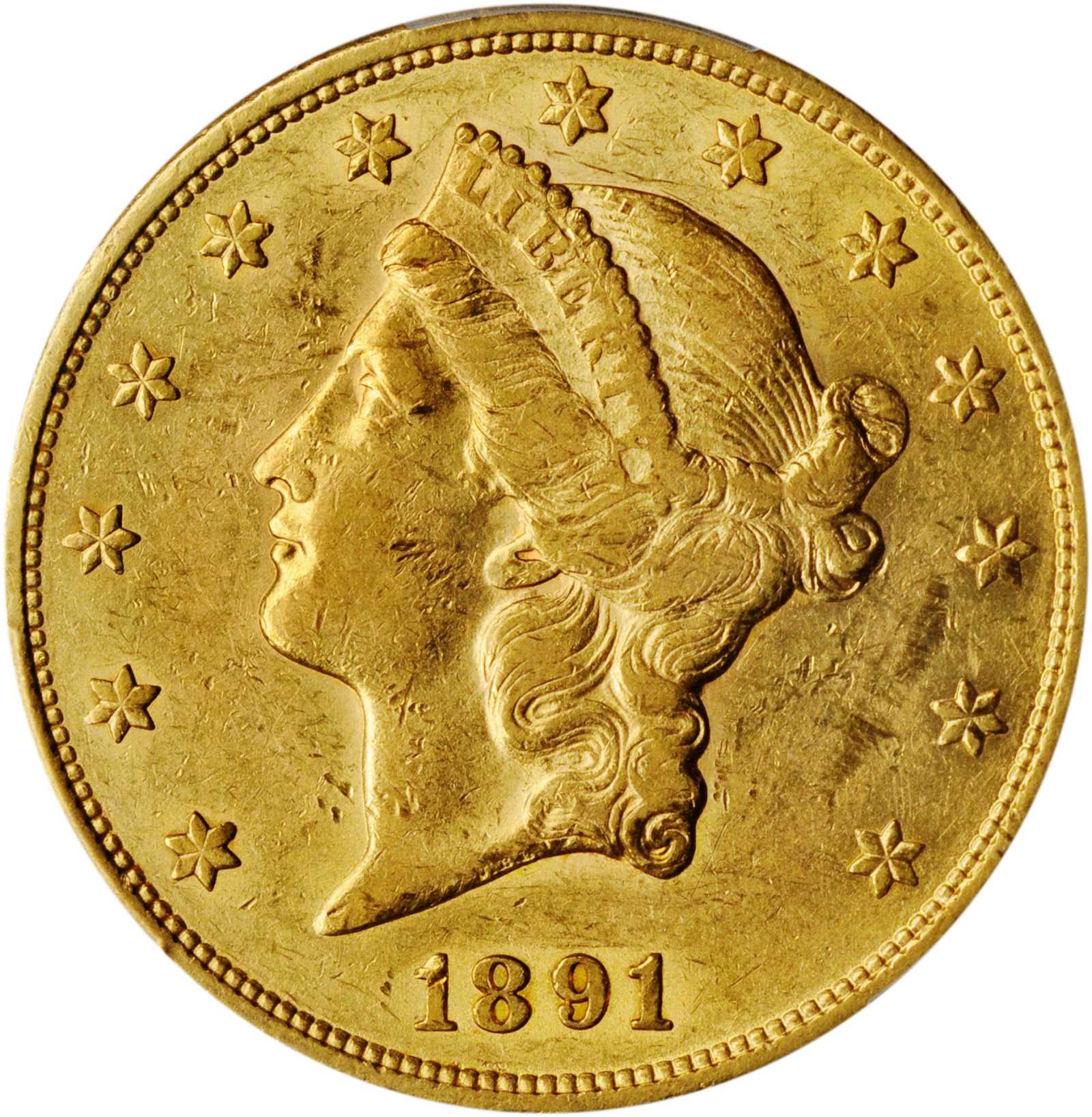 1891-S Liberty Head Double Eagle. AU-50 (PCGS).