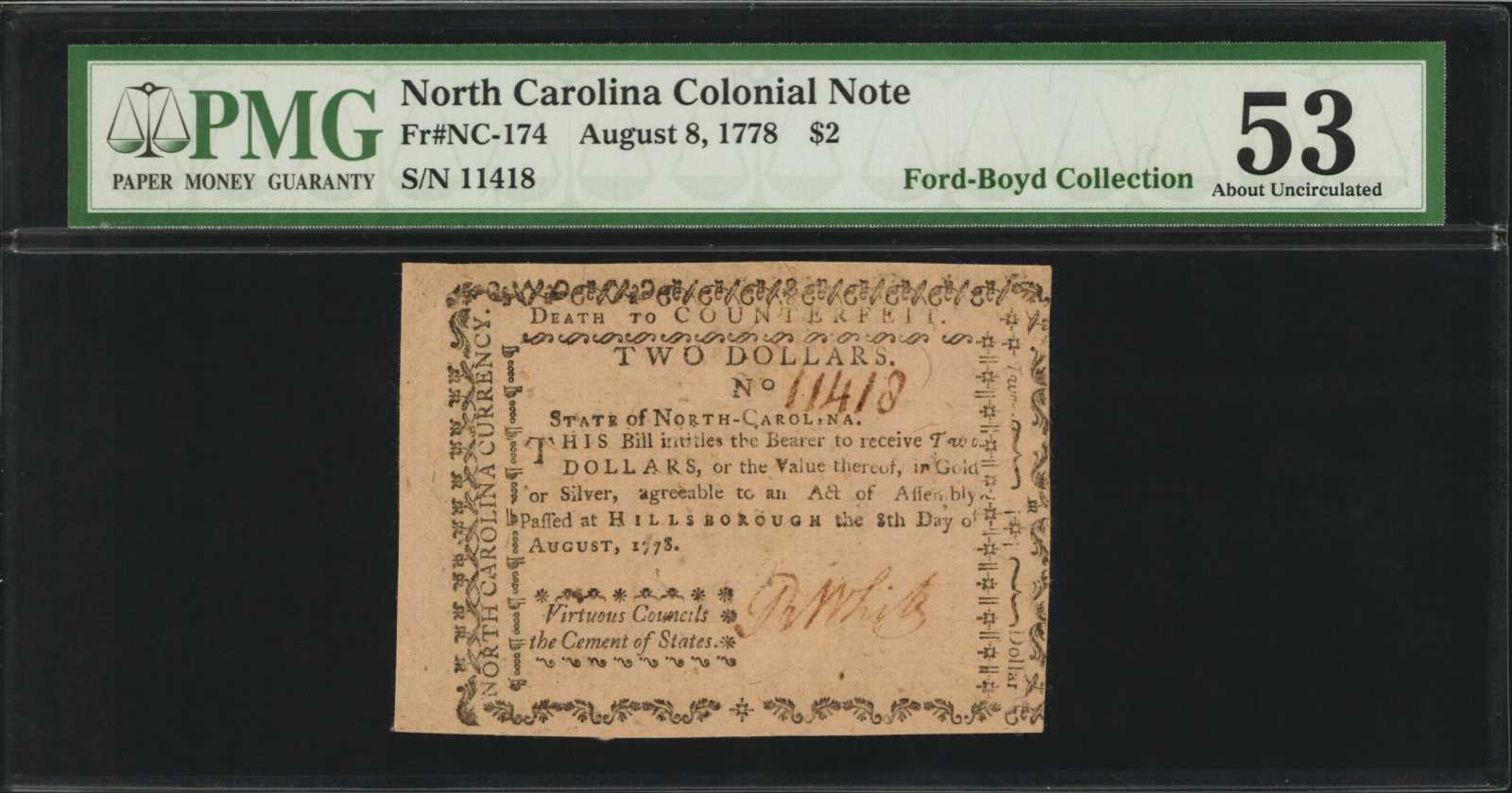 image for: NC-174. North Carolina. August 8, 1778. $2. PMG About Uncirculated 53. Remainder.