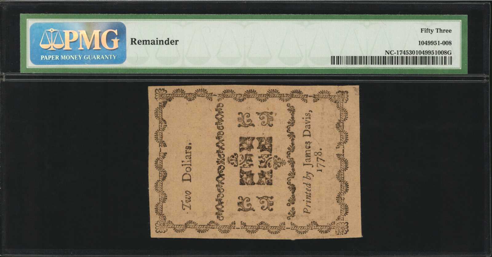 image for: NC-174. North Carolina. August 8, 1778. $2. PMG About Uncirculated 53. Remainder.