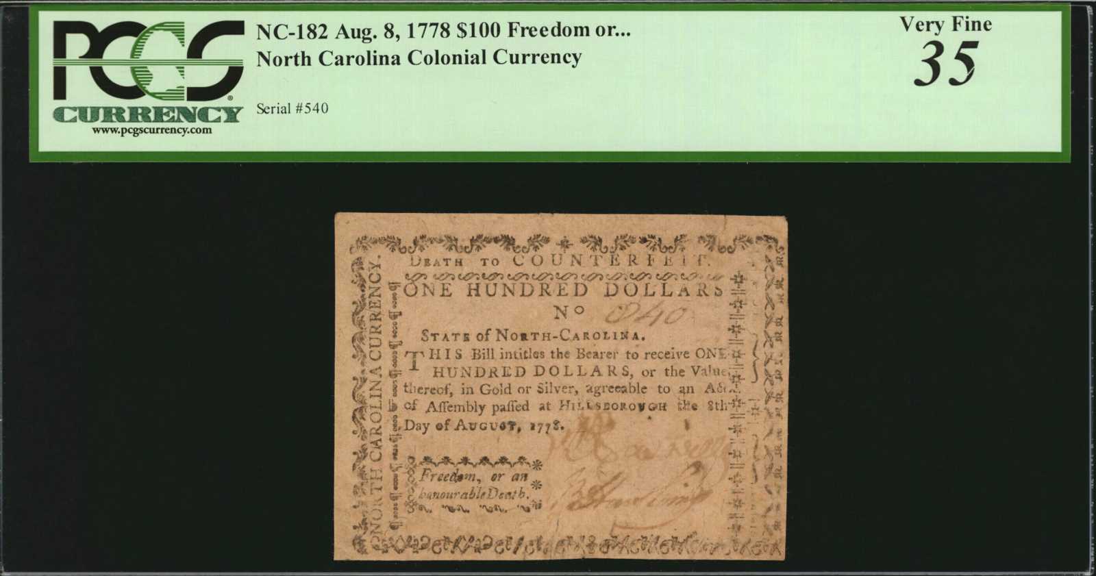 image for: NC-182. North Carolina. August 8, 1778. $100. PCGS Currency Very Fine 35.