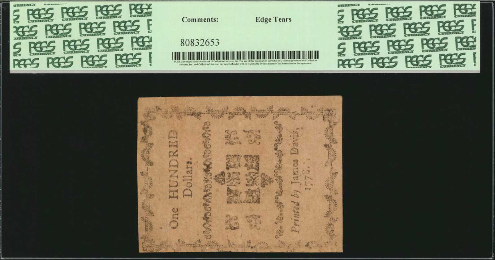 image for: NC-182. North Carolina. August 8, 1778. $100. PCGS Currency Very Fine 35.