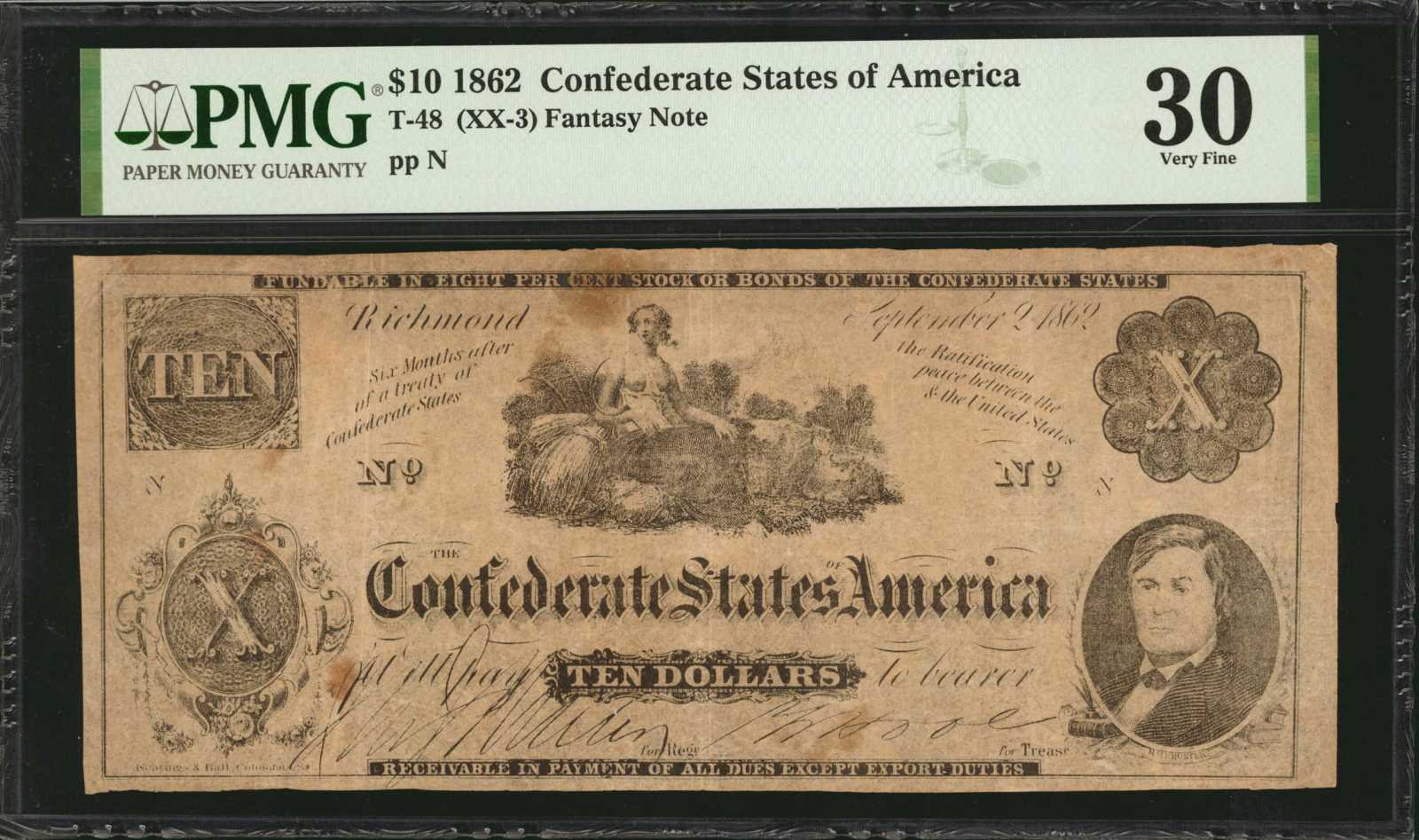 image for: T-48 (XX-3). Confederate Currency. 1862 $10. PMG Very Fine 30.