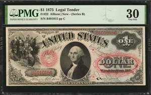 image for: Fr. 22. 1875 $1 Legal Tender Note. PMG Very Fine 30.