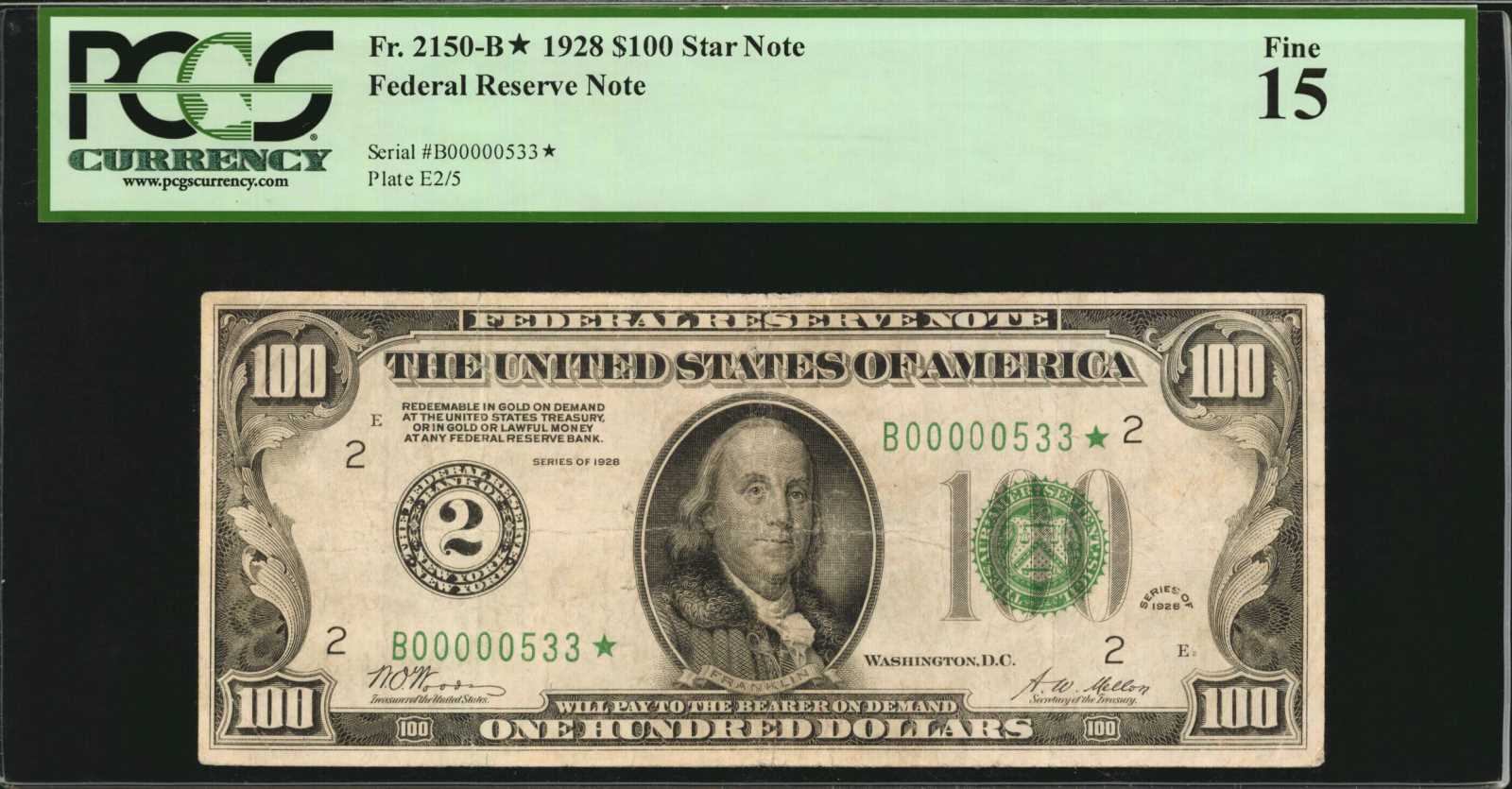 image for: Fr. 2150-B*. 1928 $100 Federal Reserve Star Note. New York. PCGS Currency Fine 15.
