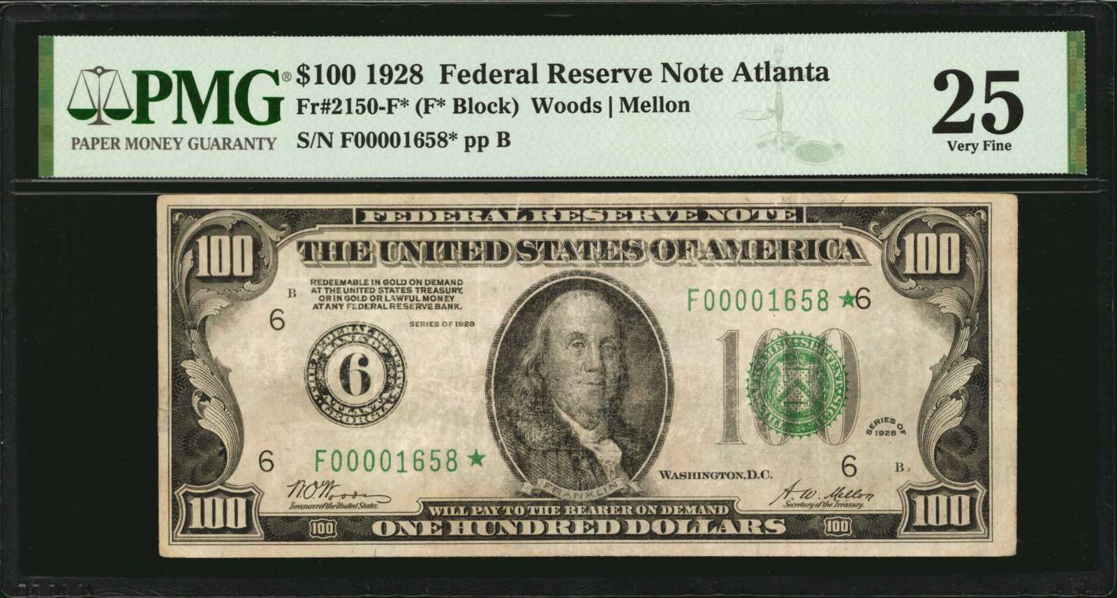image for: Fr. 2150-F*. 1928 $100 Federal Reserve Star Note. Atlanta. PMG Very Fine 25.