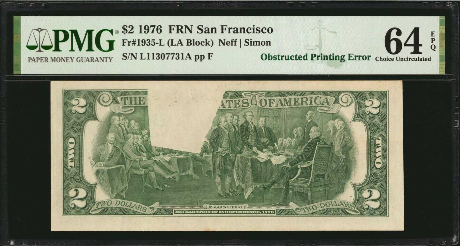 image for: Fr. 1935-L. 1976 $2 Federal Reserve Note. San Francisco. PMG Choice Uncirculated 64 EPQ. Obstructed Printing Error.