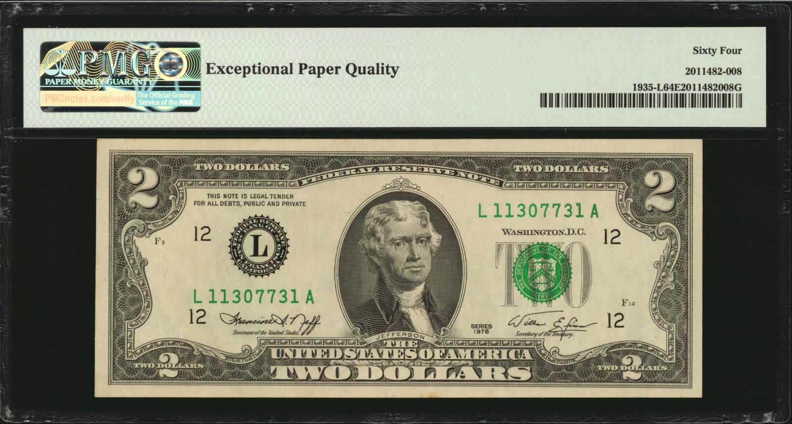 image for: Fr. 1935-L. 1976 $2 Federal Reserve Note. San Francisco. PMG Choice Uncirculated 64 EPQ. Obstructed Printing Error.