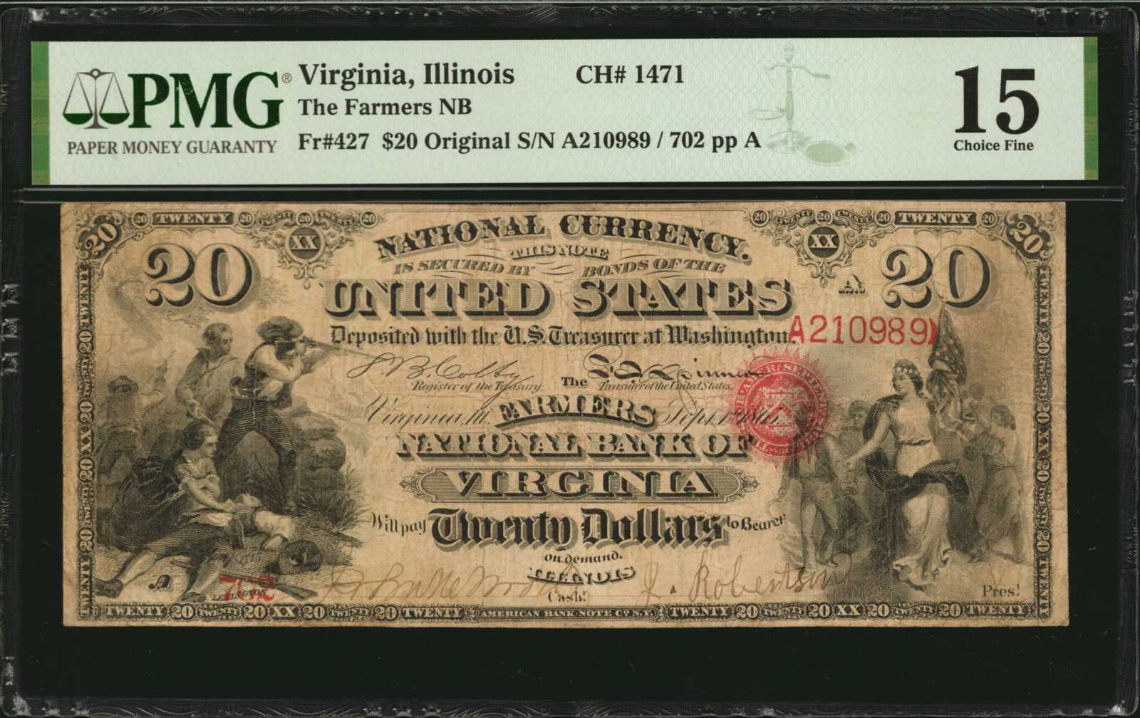 image for: Virginia, Illinois. $20 Original. Fr. 427. The Farmers NB. Charter #1471. PMG Choice Fine 15.