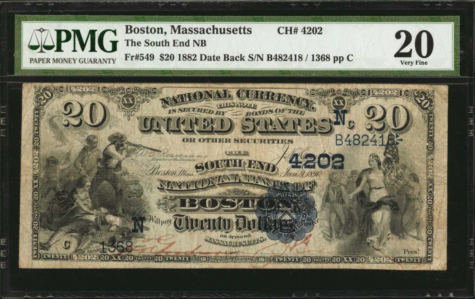 image for: Boston, Massachusetts. $20 1882 Date Back. Fr. 549. The South End NB. Charter #4202. PMG Very Fine 20.