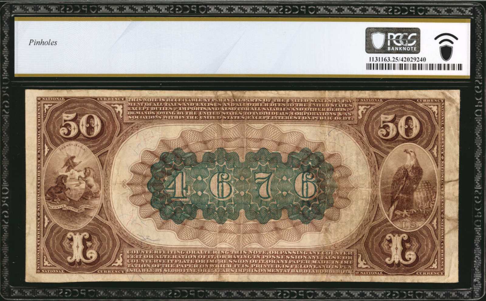 image for: New Castle, Pennsylvania. $50 1882 Brown Back. Fr. 515. The Citizens NB. Charter #4676. PCGS Banknote Very Fine 25.