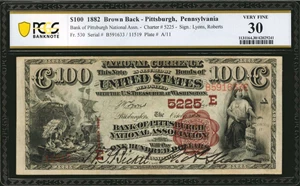image for: Pittsburgh, Pennsylvania. $100 1882 Brown Back. Fr. 530. The Bank of Pittsburgh, National Assoc. Charter #5225. PCGS Banknote Very Fine 30.