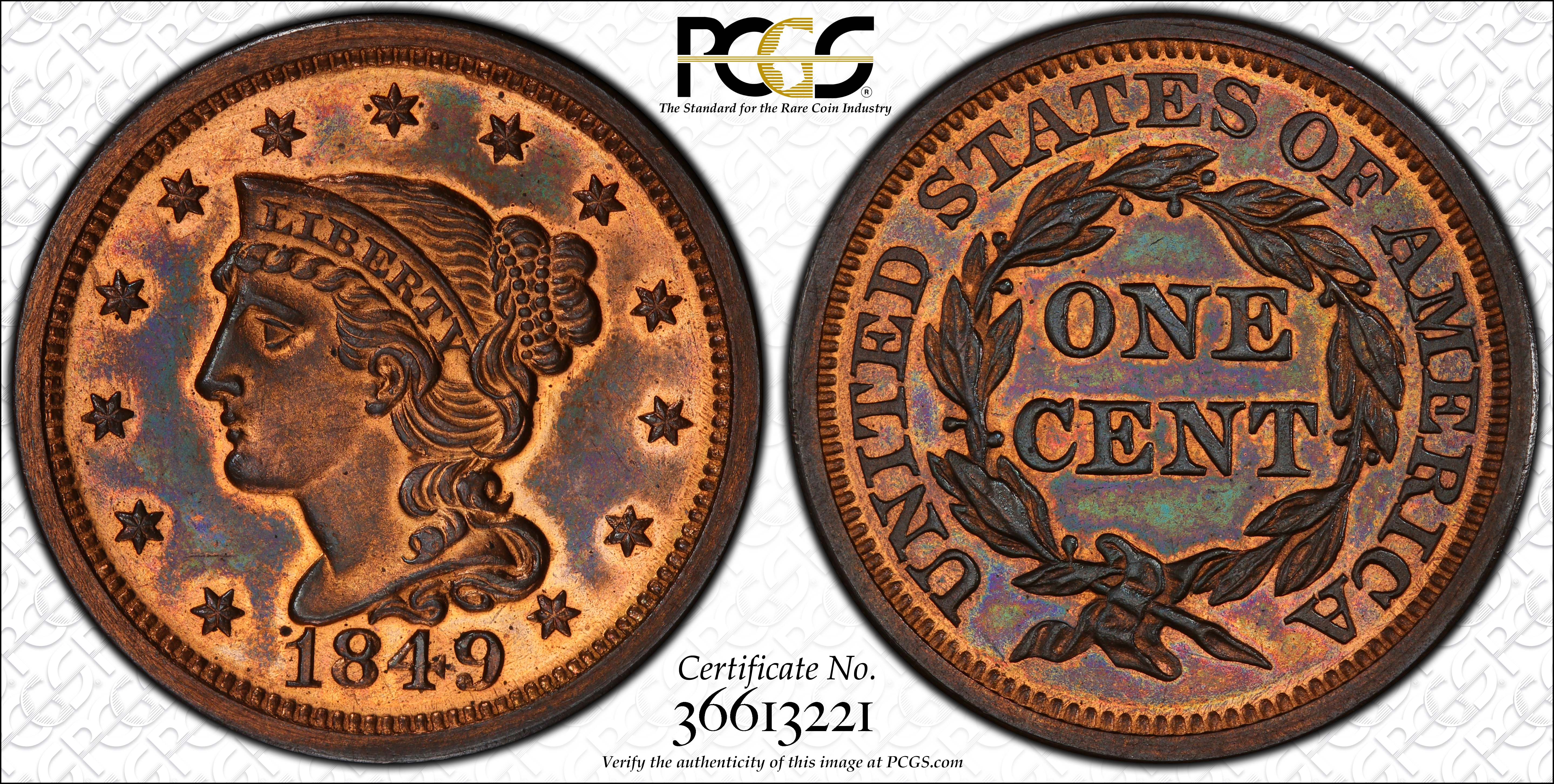 image for: 1849 Braided Hair Cent. N-18. Rarity-6. Proof-65+ RB (PCGS). CAC.
