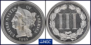 image for: 1865 Nickel Three-Cent Piece. Proof-67 Ultra Cameo (NGC).