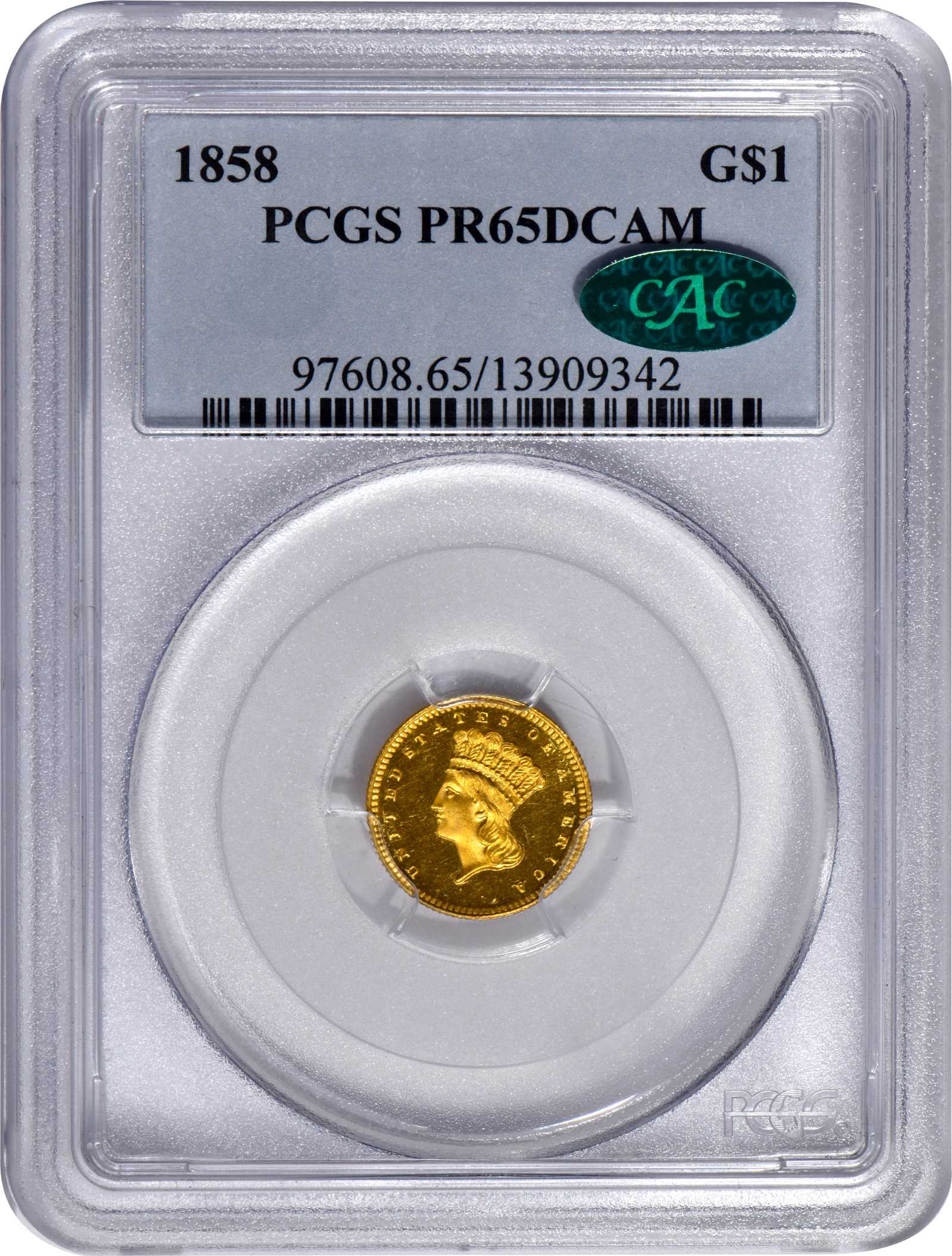 image for: 1858 Gold Dollar. JD-1, the only known dies. Rarity-6+. Proof-65 Deep Cameo (PCGS). CAC.