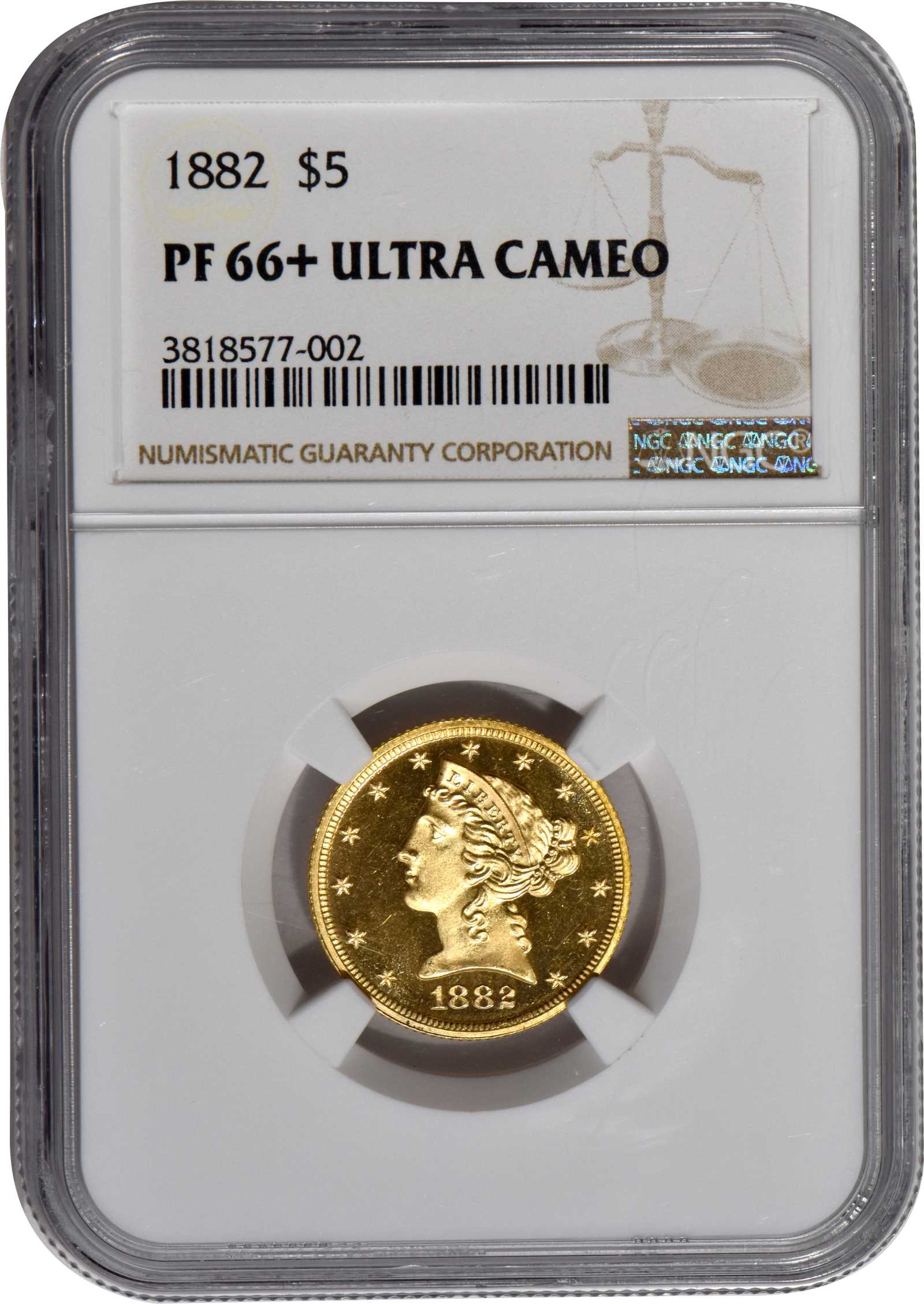 image for: 1882 Liberty Head Half Eagle. JD-1, the only known dies. Rarity-6. Proof-66+ Ultra Cameo (NGC).
