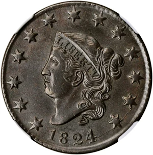 image for: 1824 Matron Head Cent. N-4. Rarity-2. AU-55 (NGC).