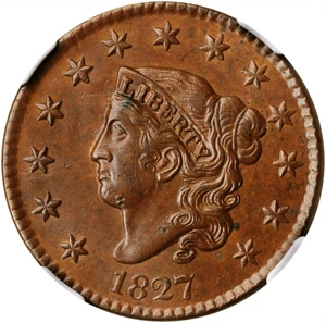 image for: 1827 Matron Head Cent. N-5. Rarity-2. MS-61 BN (NGC).