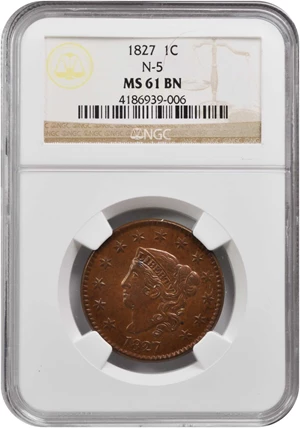 image for: 1827 Matron Head Cent. N-5. Rarity-2. MS-61 BN (NGC).