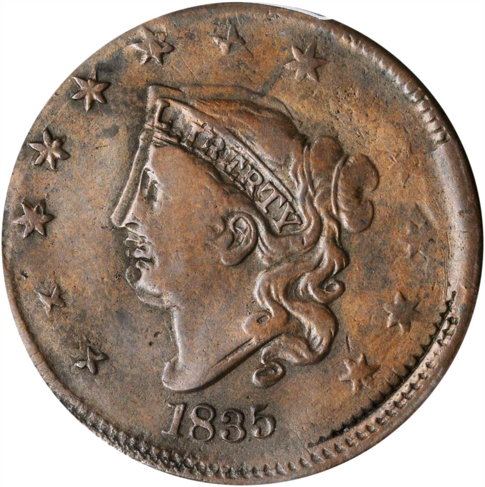 image for: 1835 Matron Head Cent. N-9. Rarity-4. Large 8, Large Stars. Noyes Die State D/D--Double Struck--VF-20 (PCGS).