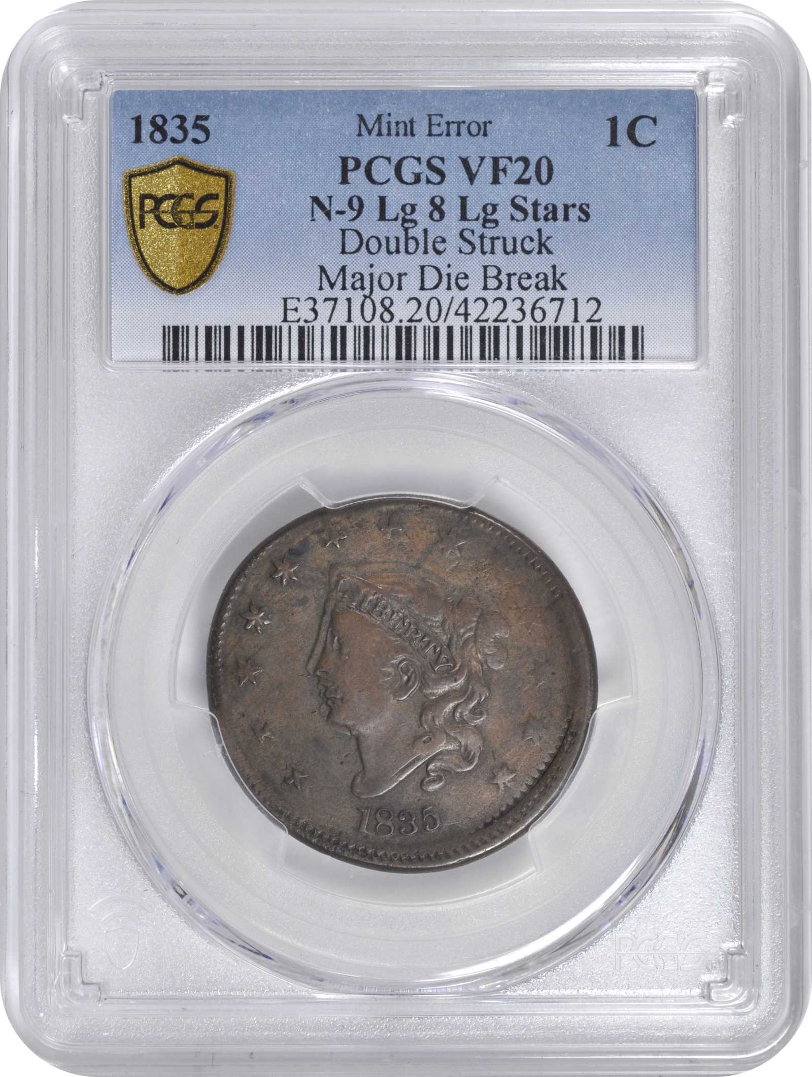 image for: 1835 Matron Head Cent. N-9. Rarity-4. Large 8, Large Stars. Noyes Die State D/D--Double Struck--VF-20 (PCGS).