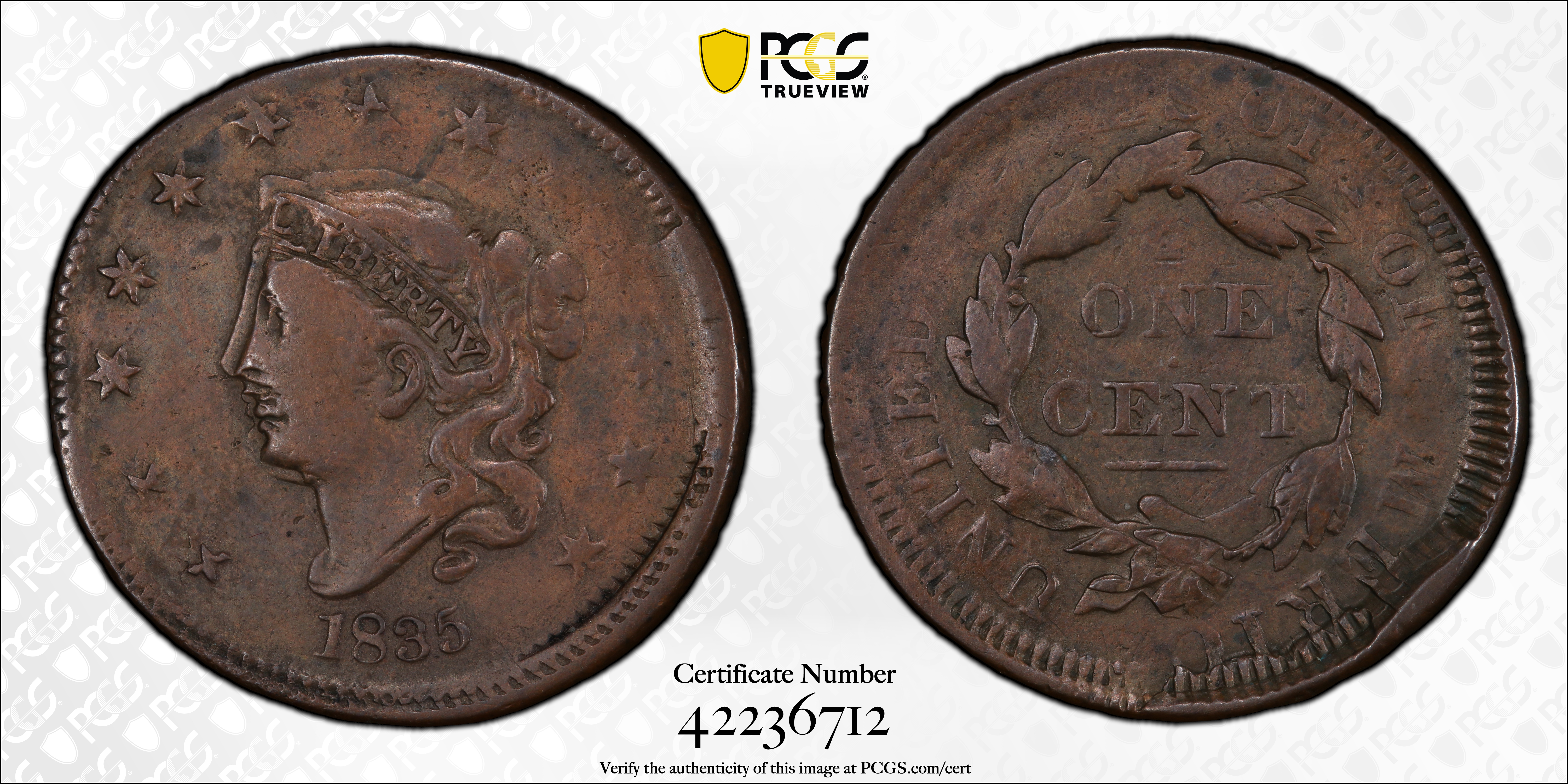 image for: 1835 Matron Head Cent. N-9. Rarity-4. Large 8, Large Stars. Noyes Die State D/D--Double Struck--VF-20 (PCGS).