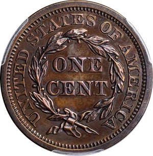 image for: 1848 Braided Hair Cent. N-19. Rarity-6-. Proof-62 BN (PCGS).
