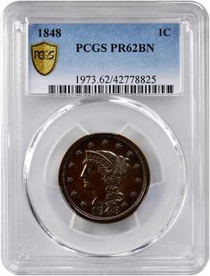 image for: 1848 Braided Hair Cent. N-19. Rarity-6-. Proof-62 BN (PCGS).