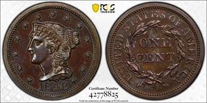 image for: 1848 Braided Hair Cent. N-19. Rarity-6-. Proof-62 BN (PCGS).