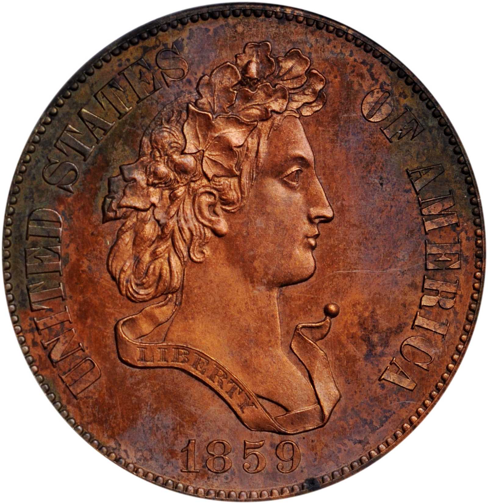 image for: 1859 Pattern Half Dollar. Judd-238, Pollock-294. Rarity-5. Copper. Reeded Edge. Proof-63 RB (PCGS).