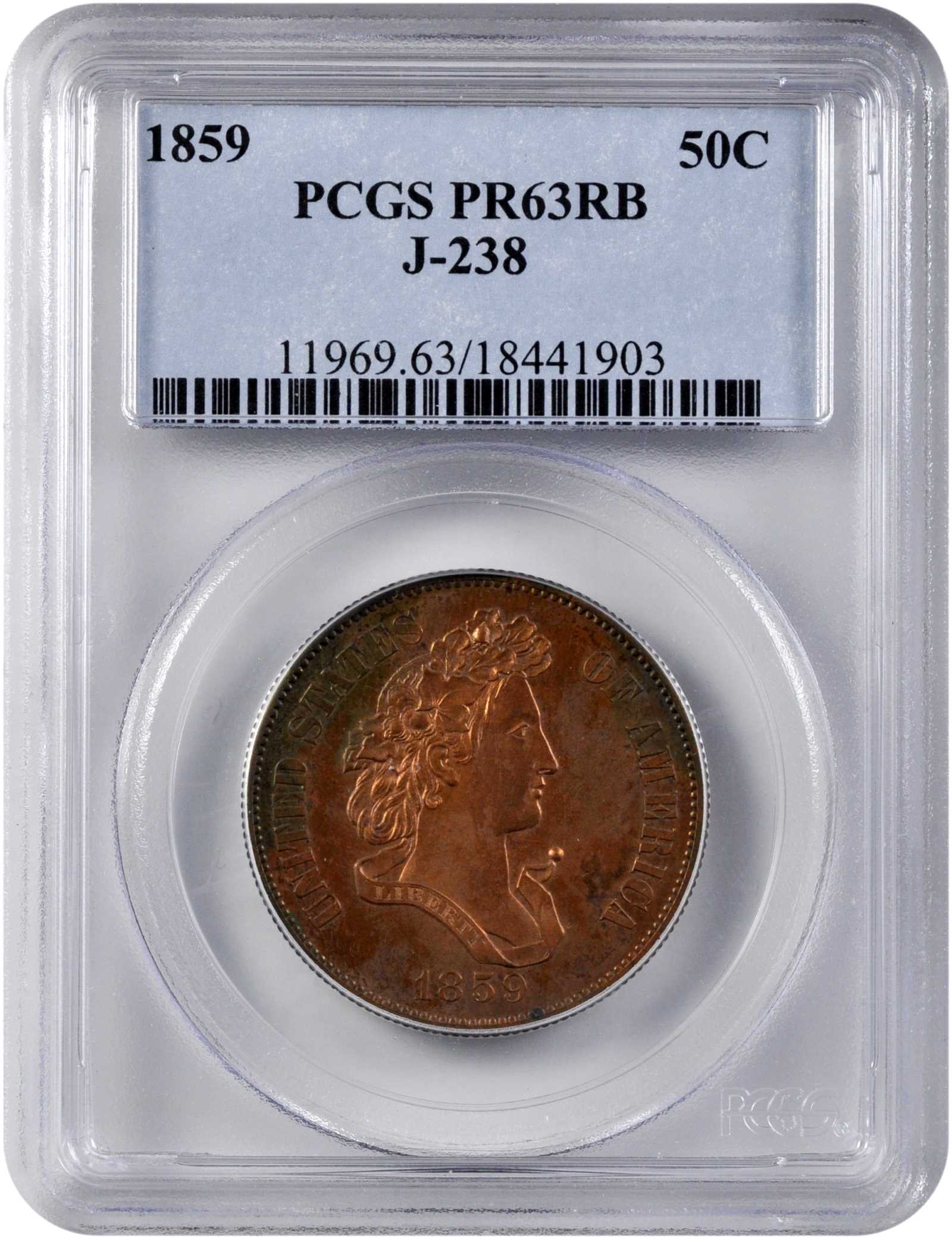 image for: 1859 Pattern Half Dollar. Judd-238, Pollock-294. Rarity-5. Copper. Reeded Edge. Proof-63 RB (PCGS).