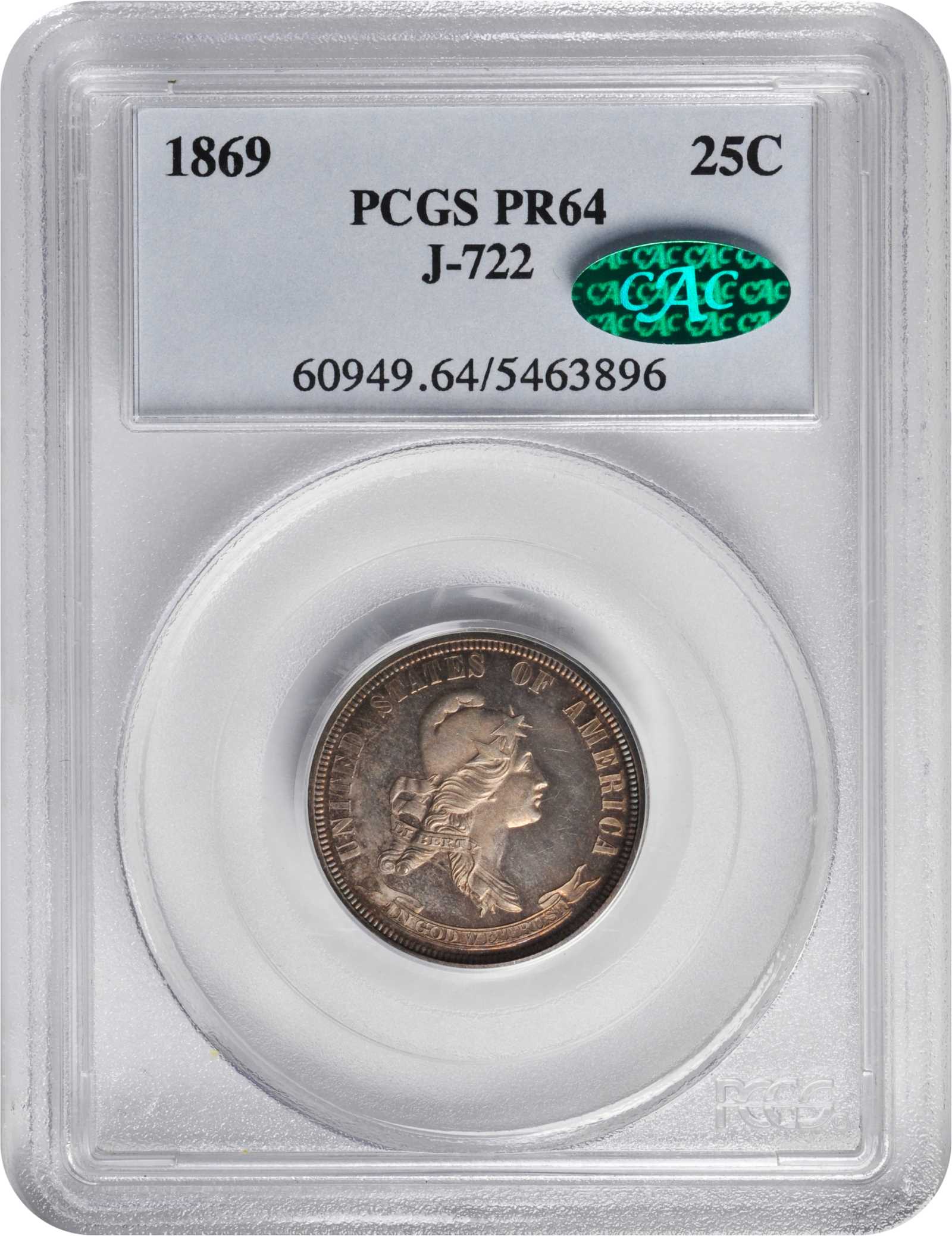 image for: 1869 Pattern Quarter Dollar. Judd-722, Pollock-803. Rarity-6+. Silver. Plain Edge. Proof-64 (PCGS). CAC.