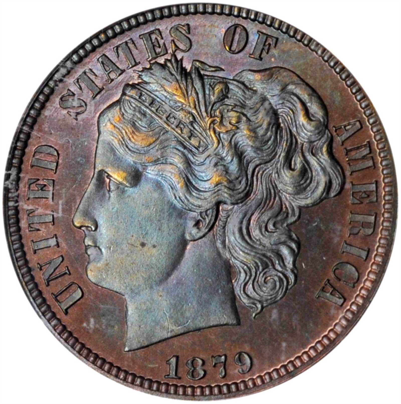 image for: 1879 Pattern Washlady Dime. Judd-1585, Pollock-1778. Rarity-6+. Copper. Reeded Edge. Proof-65 BN (PCGS). OGH.