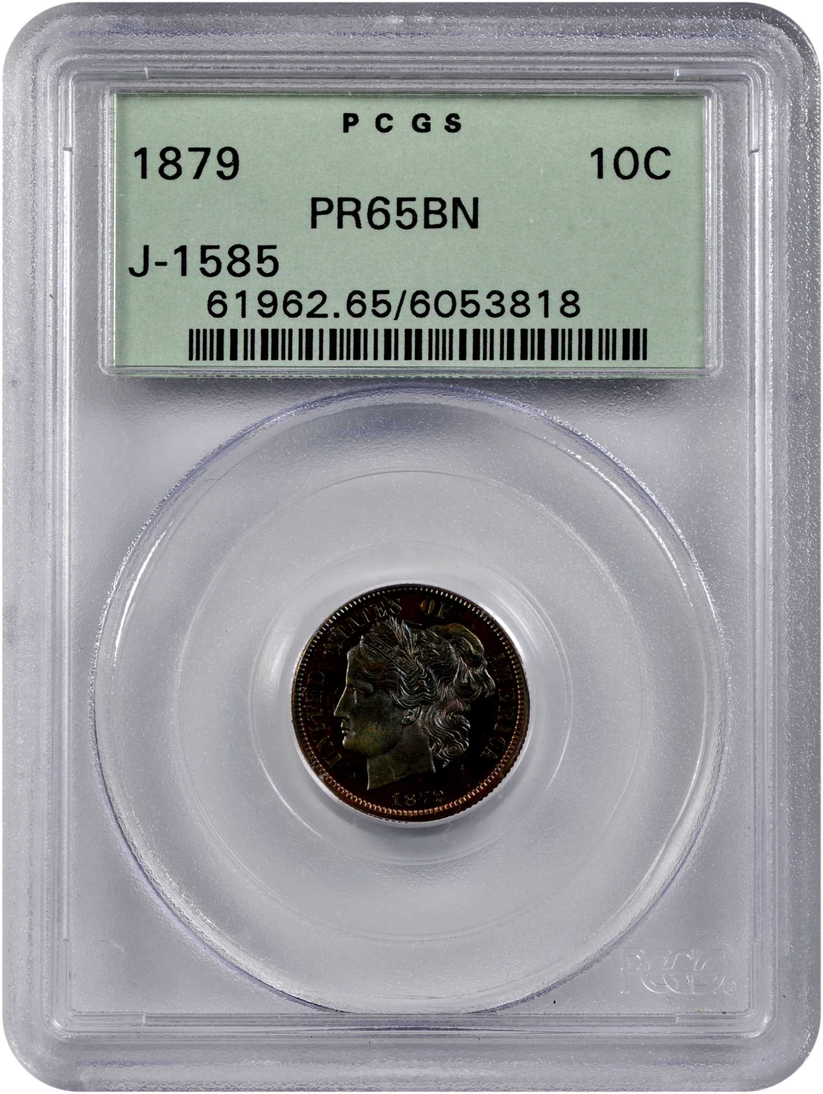 image for: 1879 Pattern Washlady Dime. Judd-1585, Pollock-1778. Rarity-6+. Copper. Reeded Edge. Proof-65 BN (PCGS). OGH.