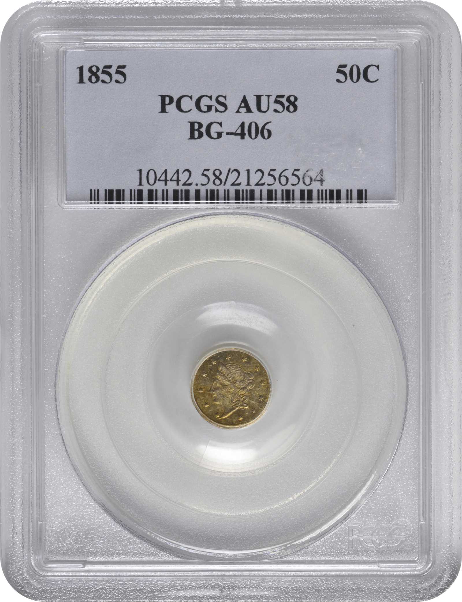 image for: 1855-FD Round 50 Cents. BG-406. Rarity-6+. Liberty Head. AU-58 (PCGS).