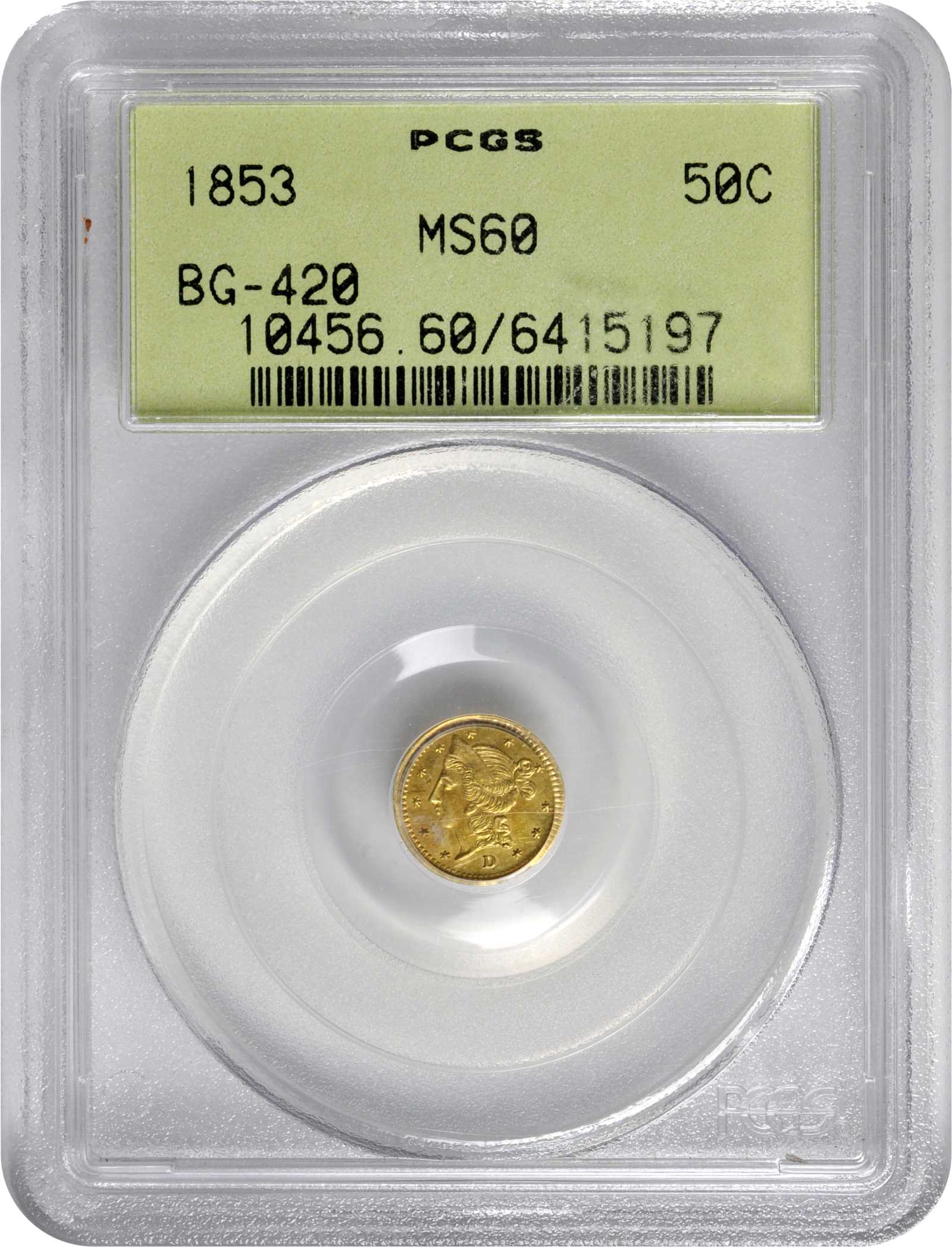 image for: 1853-D Round 50 Cents. BG-420. Rarity-7-. Liberty Head. MS-60 (PCGS). OGH.