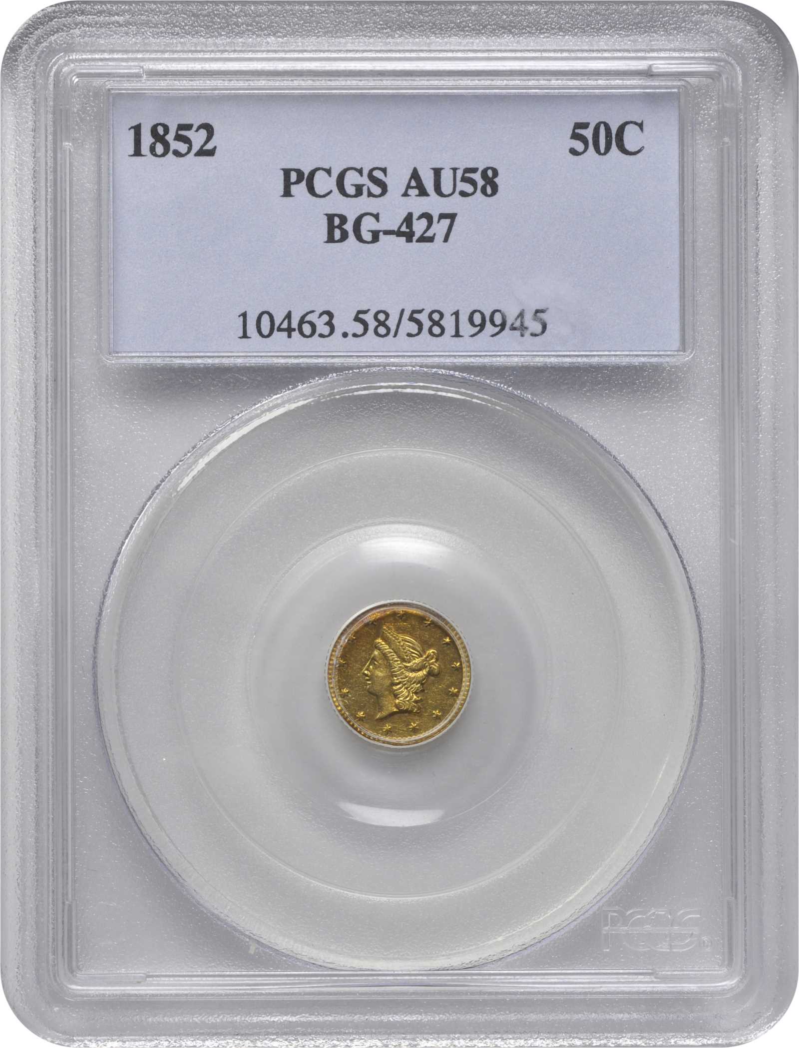 image for: 1852 Round 50 Cents. BG-427. Rarity-6-. Liberty Head. AU-58 (PCGS).