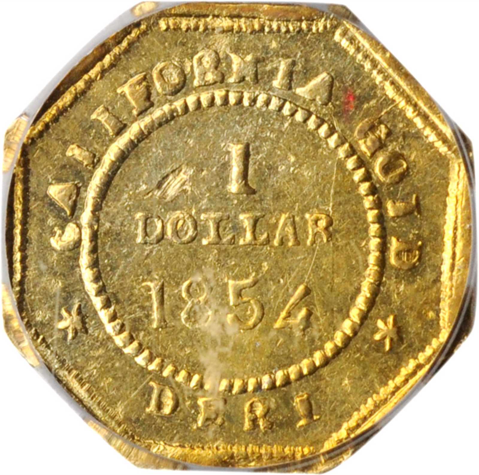 image for: 1854-DERI Octagonal $1. BG-528. Rarity-6. Liberty Head. MS-60 (PCGS).