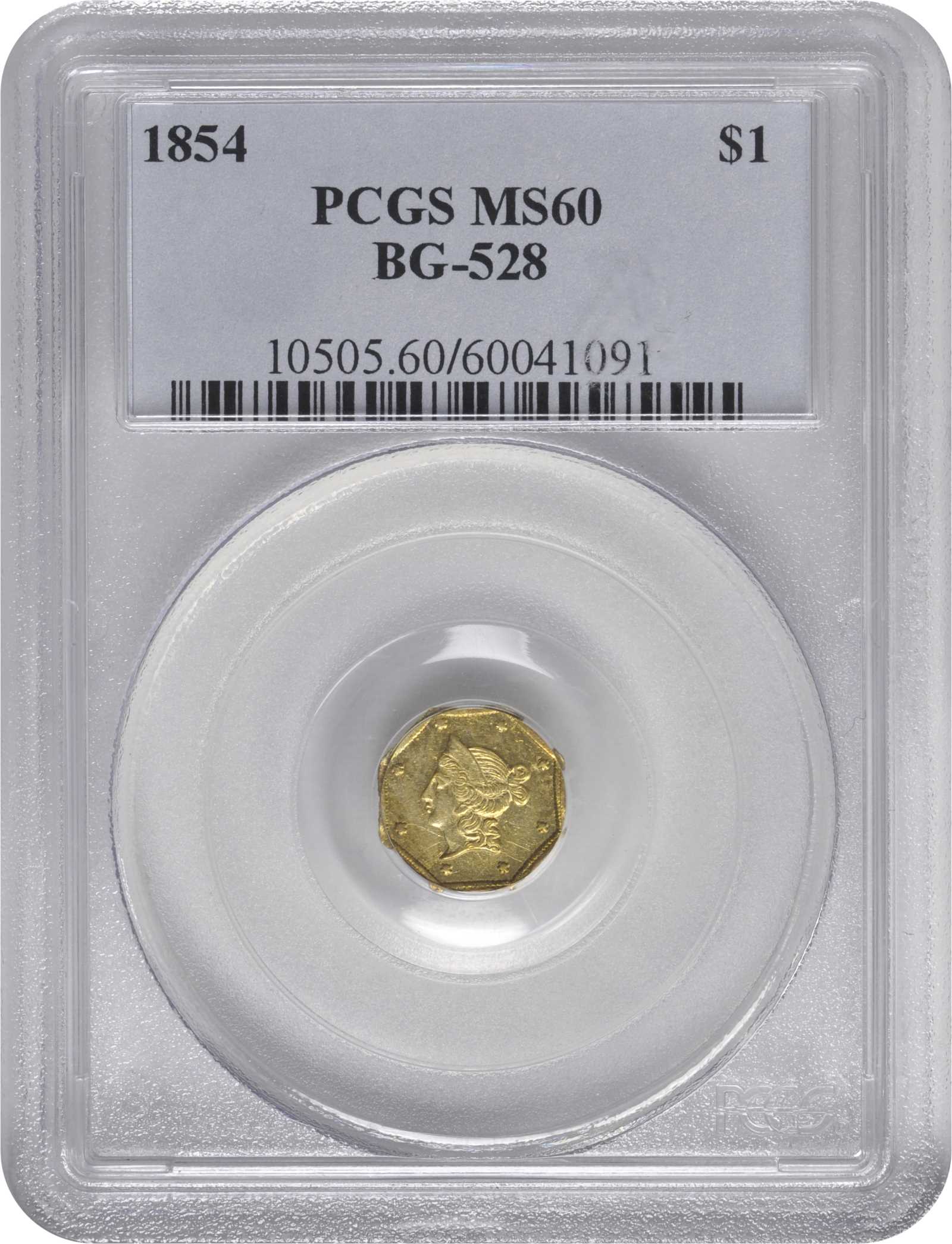 image for: 1854-DERI Octagonal $1. BG-528. Rarity-6. Liberty Head. MS-60 (PCGS).