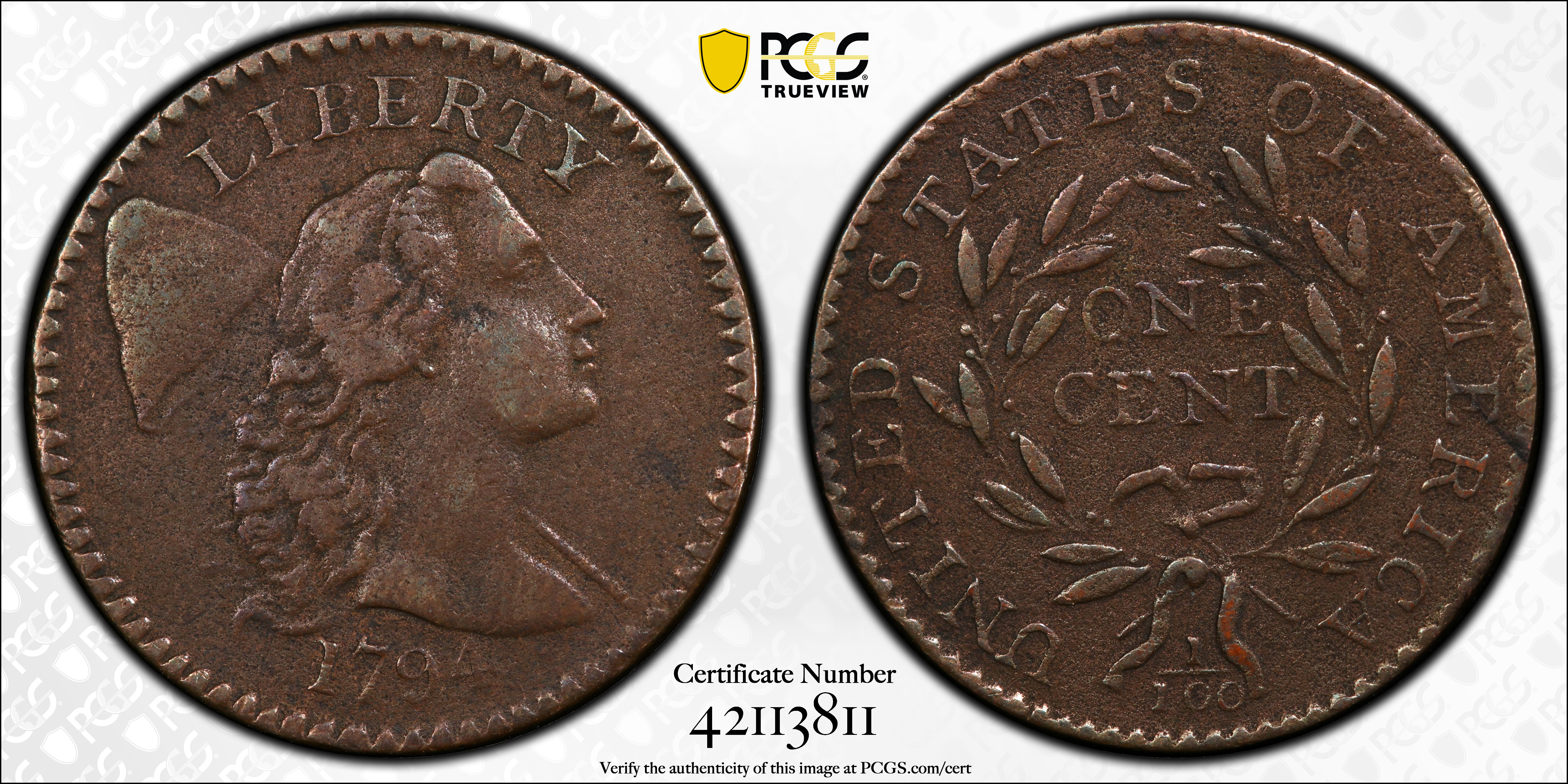 image for: 1794 Liberty Cap Cent. S-50. Rarity-5. Head of 1794. VF Details--Environmental Damage (PCGS).