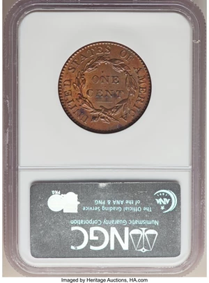 image for: 1819/(8) 1C Large Date, N-2, R.1, MS62 Brown NGC. NGC Census: (3/3). PCGS Population: (5/5). MS62. ...