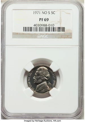 image for: 1971 5C No S PR69 NGC. NGC Census: (2/0). PCGS Population: (0/0). CDN: $1,200 Whsle. Bid for NGC/PCGS PR69. Mintage 1,655. ...