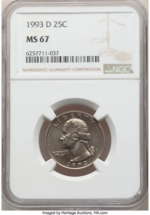 image for: 1993-D 25C MS67 NGC. NGC Census: (51/0). PCGS Population: (23/0). CDN: $400 Whsle. Bid for NGC/PCGS MS67. ...